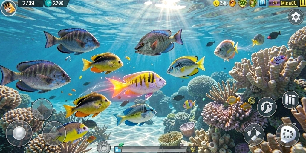 Tangkapan layar gameplay seru dalam 2739 yang menampilkan aksi tembak ikan.