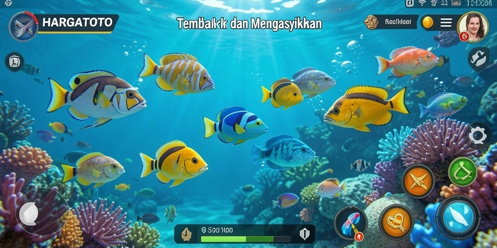 Tampilan gameplay HARGATOTO dengan beragam ikan yang menarik.