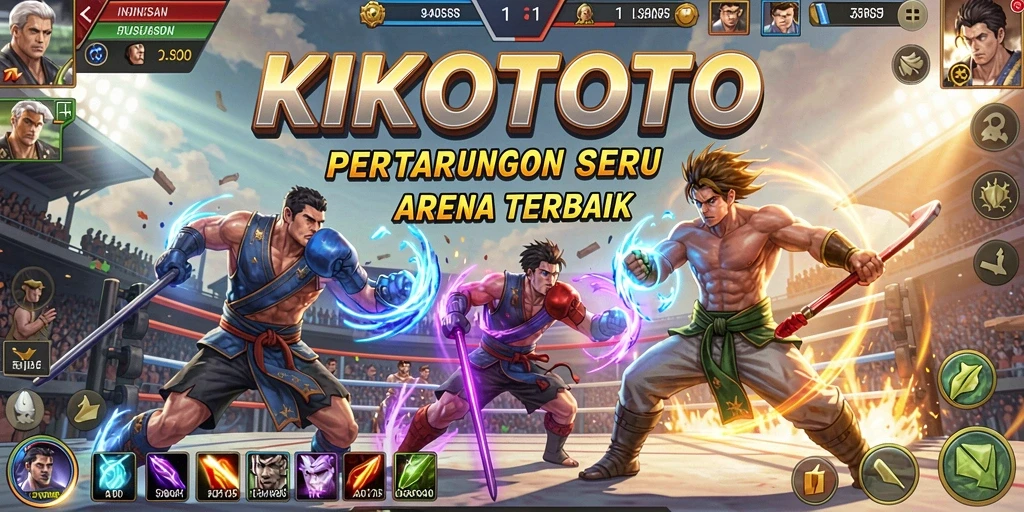 Tampilan utama gameplay KIKOTOTO menampilkan pertarungan epik antar karakter.