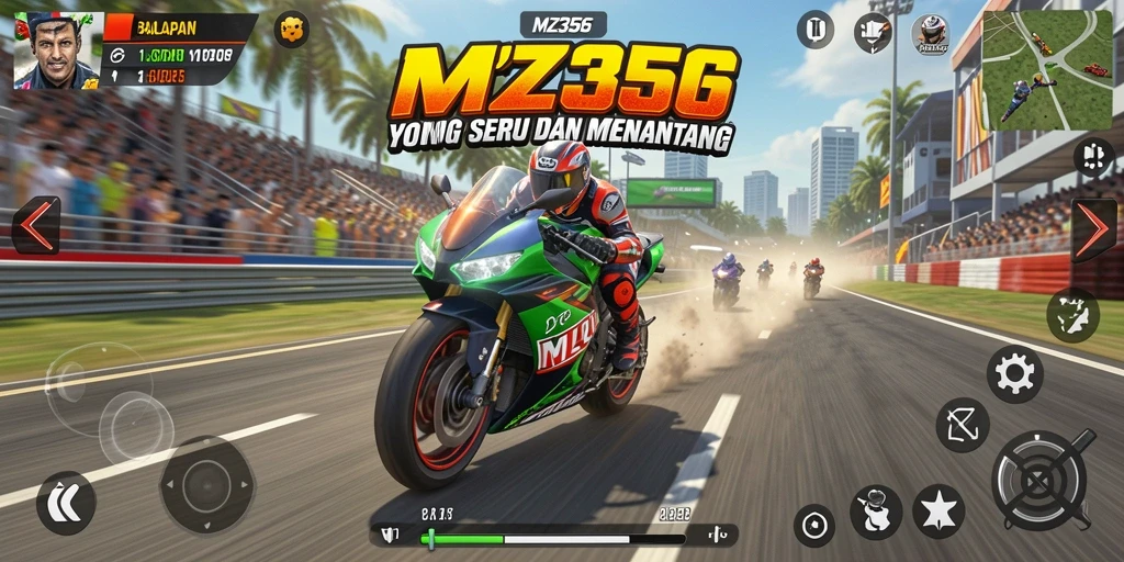 Tampilan gameplay MZ356 yang mendebarkan saat balapan motor.