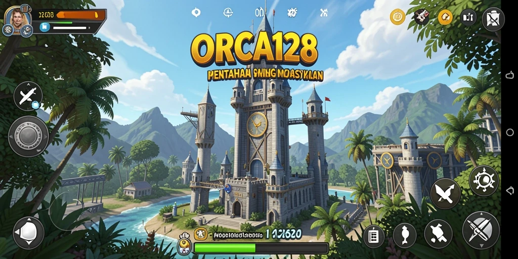 Screenshot tampilan gameplay ORCA128 dengan serangan menara yang mendebarkan.